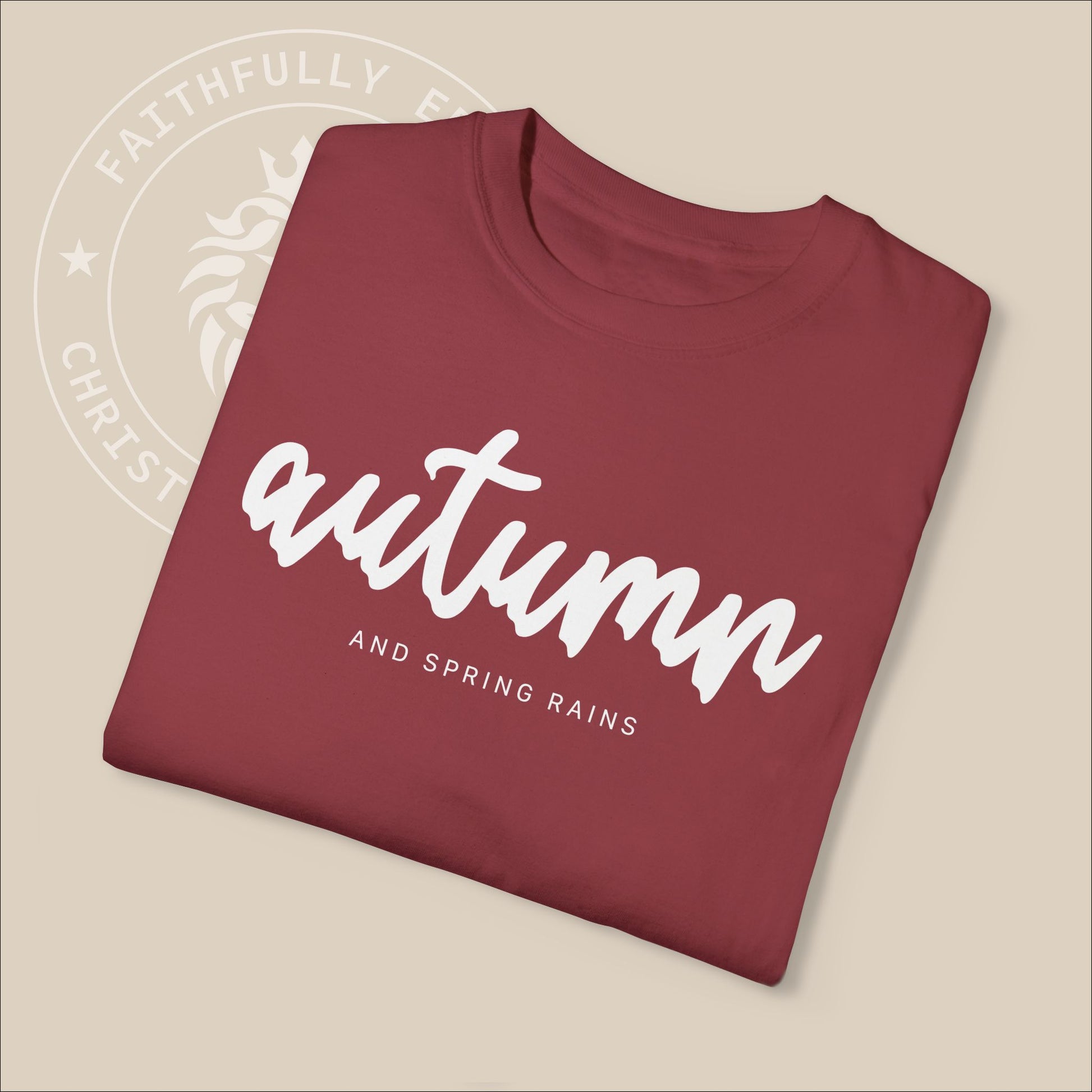 Christian 'Autumn and Spring Rains' Unisex T-shirt with James 5:7-8 Reference, Encouraging Patience & Faith in the Lord's Return.