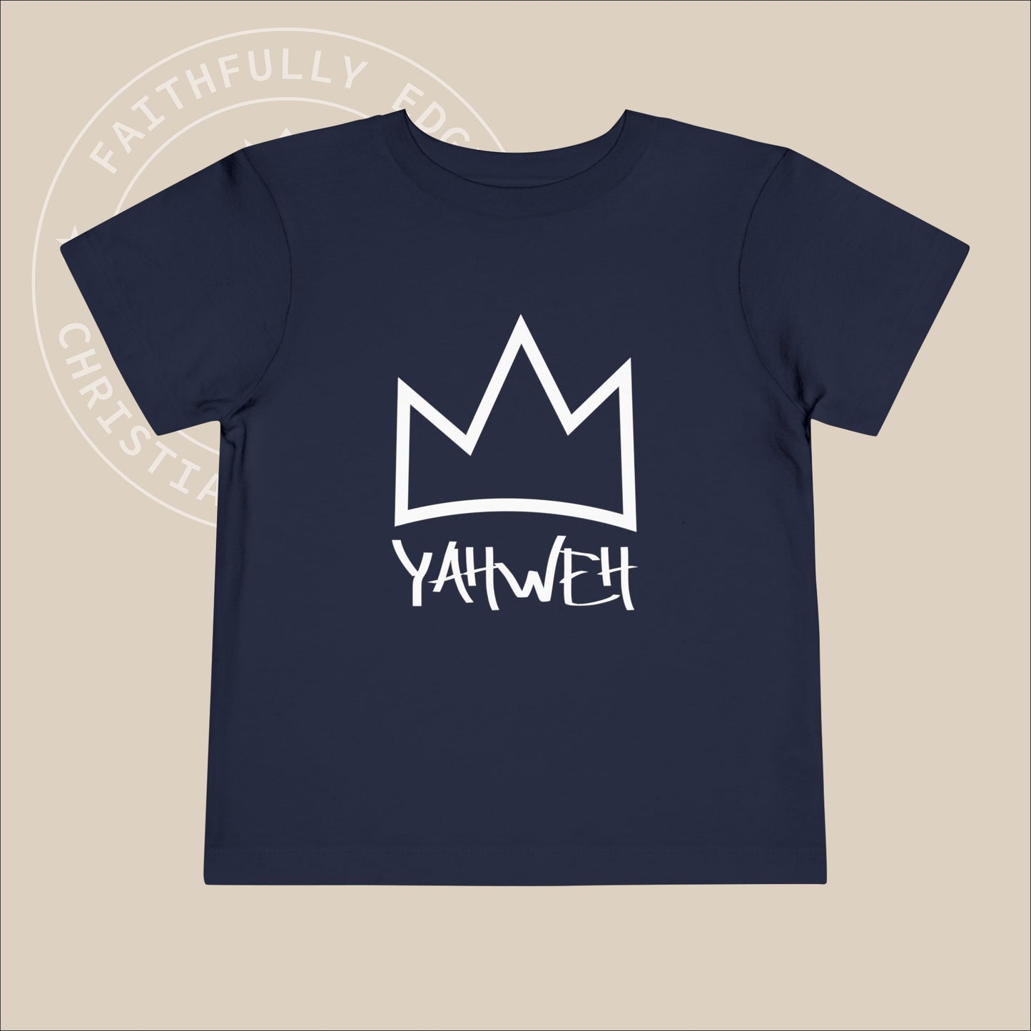 Navy toddler tee with white "Yahweh" print.