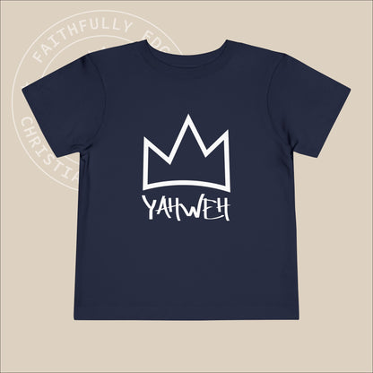 Navy toddler tee with white "Yahweh" print.