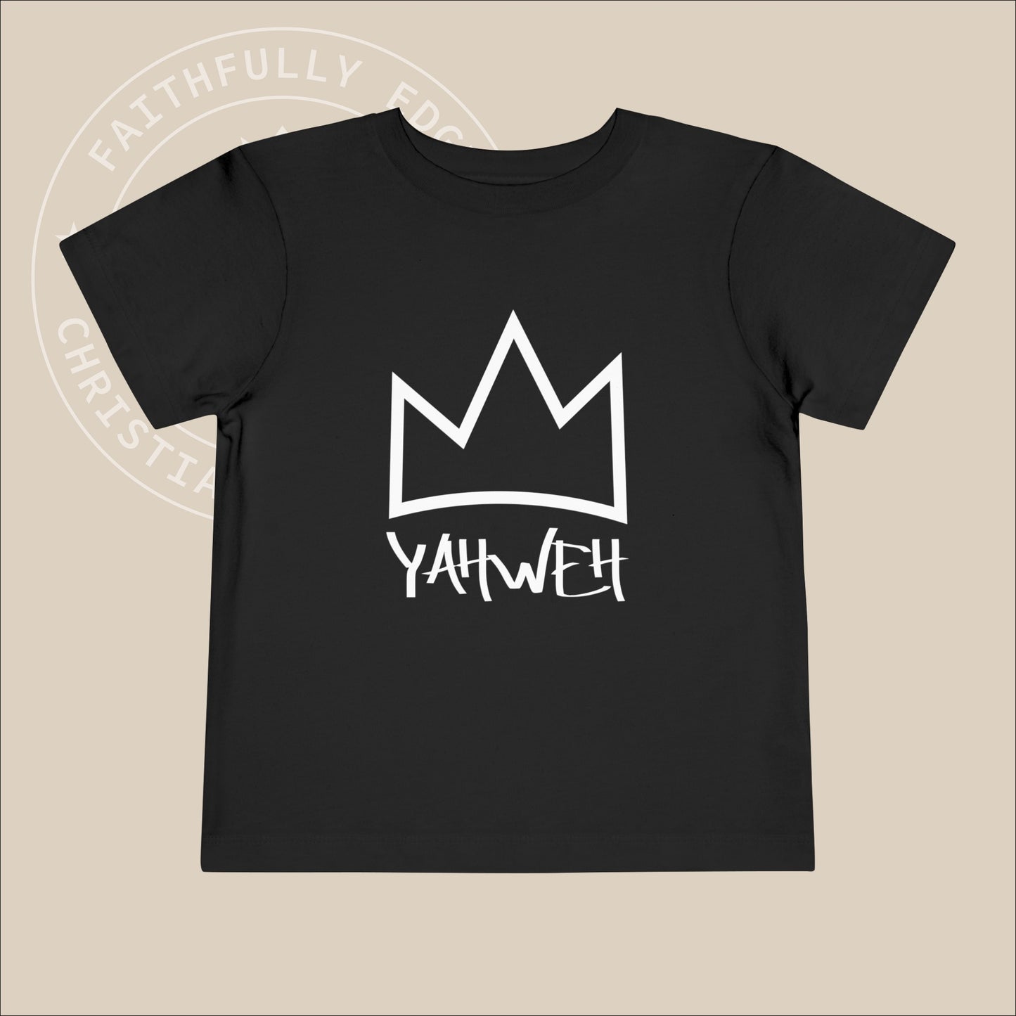 Black toddler tee with white "Yahweh" print.