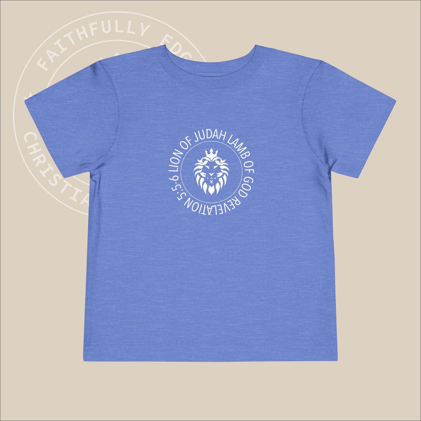 Heather blue toddler tee with white "Lion of Judah Lamb of God" print.