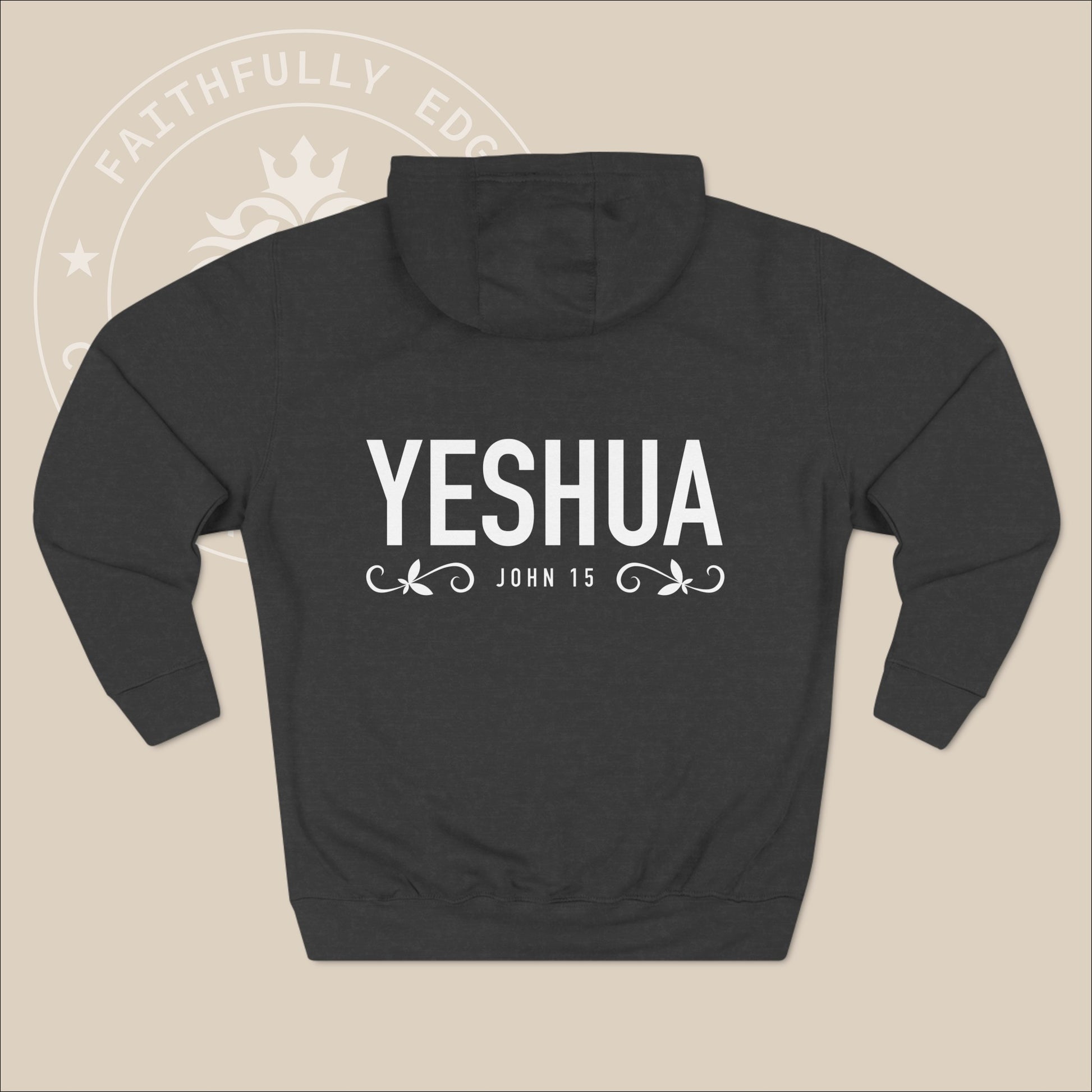 Unisex "Yeshua" hoodie with John 15 and vine graphics print.