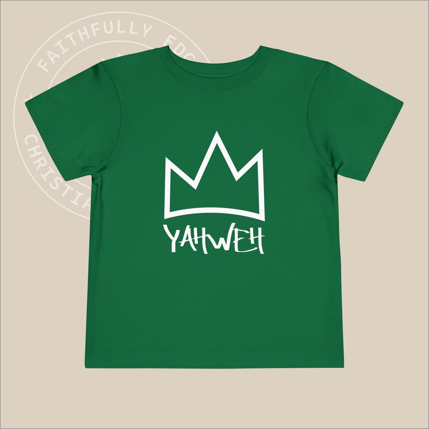 Green toddler tee with white "Yahweh" print.