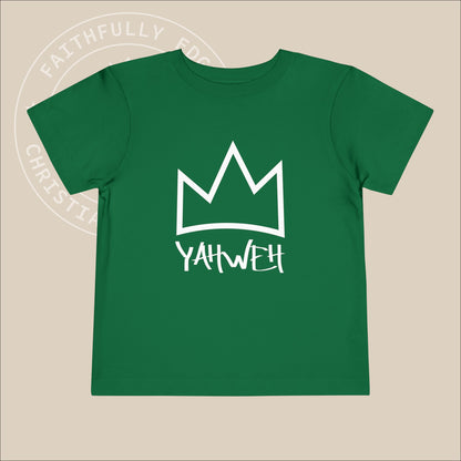 Green toddler tee with white "Yahweh" print.