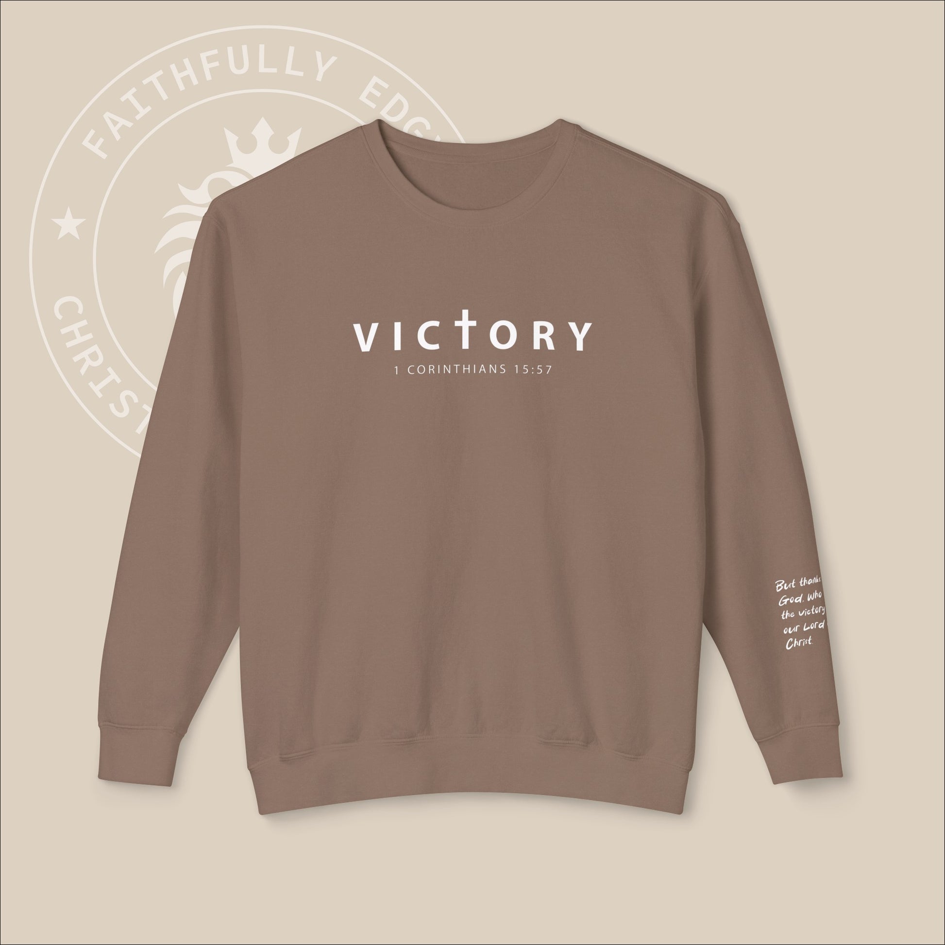 Unisex "Victory" sweatshirt with 1 Corinthians 15:57 Sleeve Print