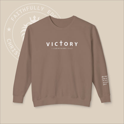 Unisex "Victory" sweatshirt with 1 Corinthians 15:57 Sleeve Print