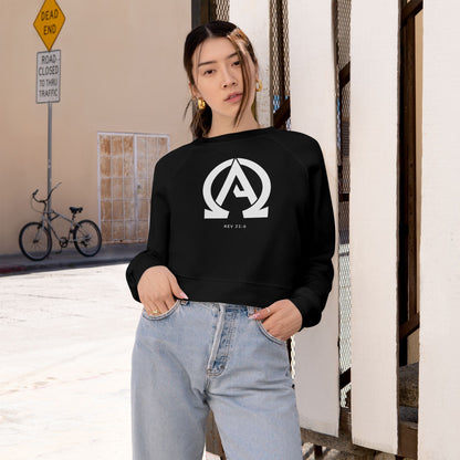 Women's "Alpha Omega" cropped sweatshirt with Rev. 21:6 print, where God calls Himself the "Alpha and Omega," meaning the beginning and the end.