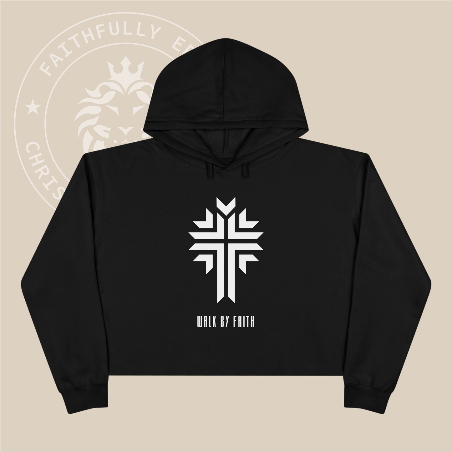 Faith-Inspired "Walk by Faith" Women's Crop Hoodie inspired by 2 Corinthians 5:7 with Cross