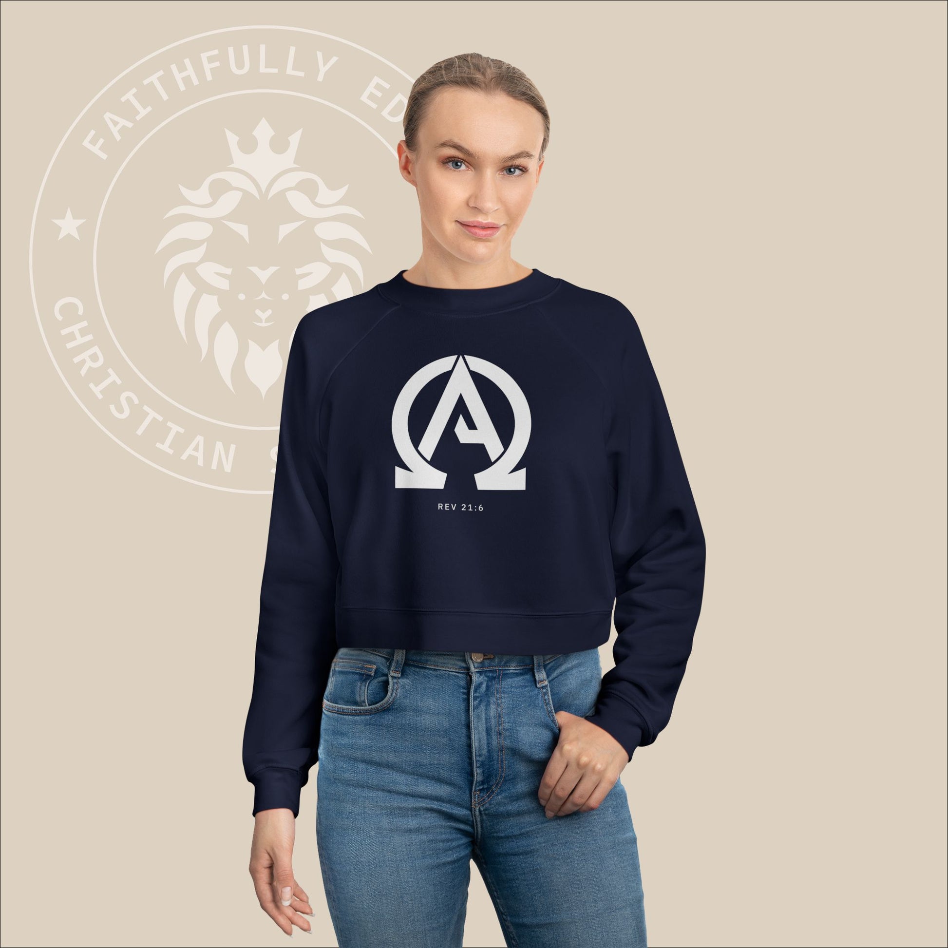 Women's "Alpha Omega" cropped sweatshirt with Rev. 21:6 print, where God calls Himself the "Alpha and Omega," meaning the beginning and the end.