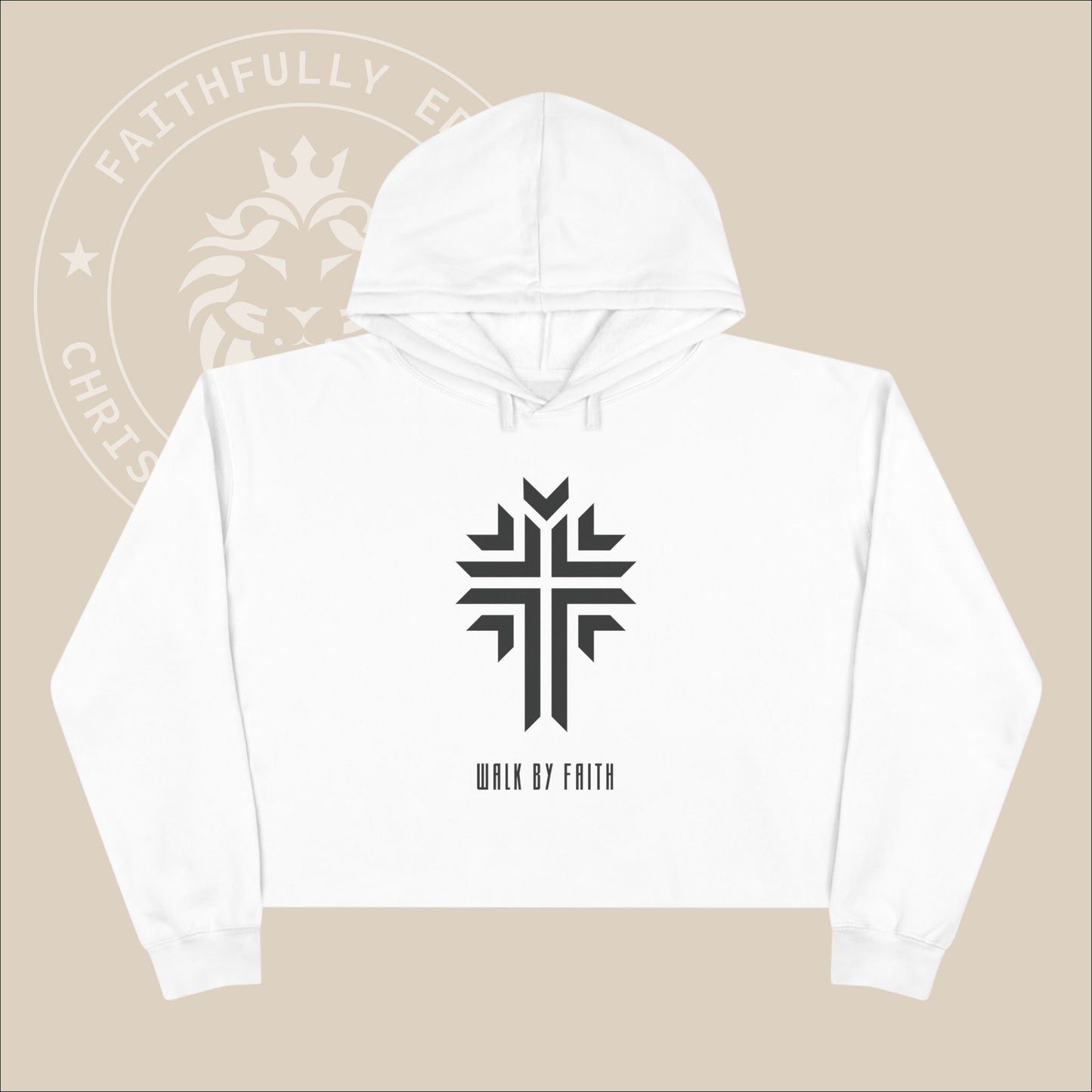 Faith-Inspired "Walk by Faith" Women's Crop Hoodie inspired by 2 Corinthians 5:7 with Cross