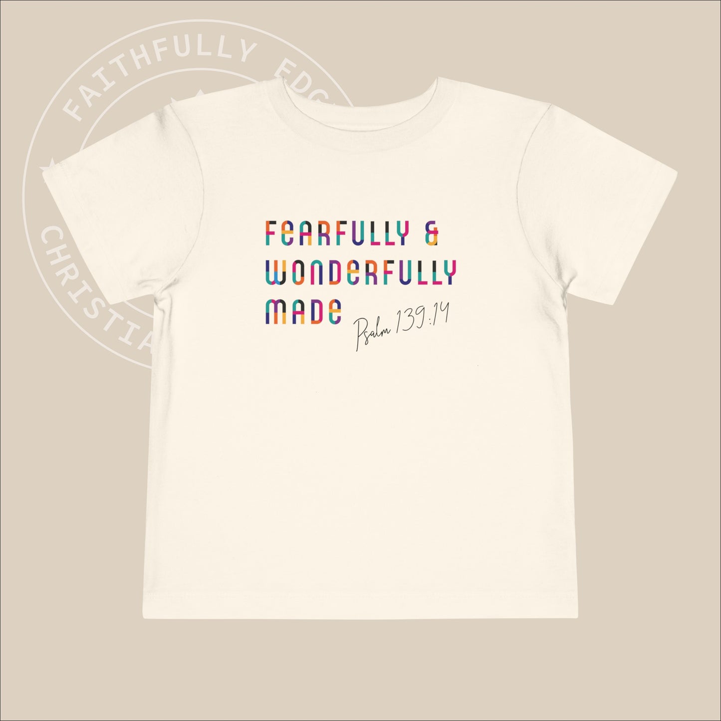 Toddler "Fearfully and wonderfully made" tee with Psalm 139:14 print, is celebrating that our children is fearfully and wonderfully created by God.