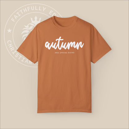 Christian 'Autumn and Spring Rains' Unisex T-shirt with James 5:7-8 Reference, Encouraging Patience & Faith in the Lord's Return.