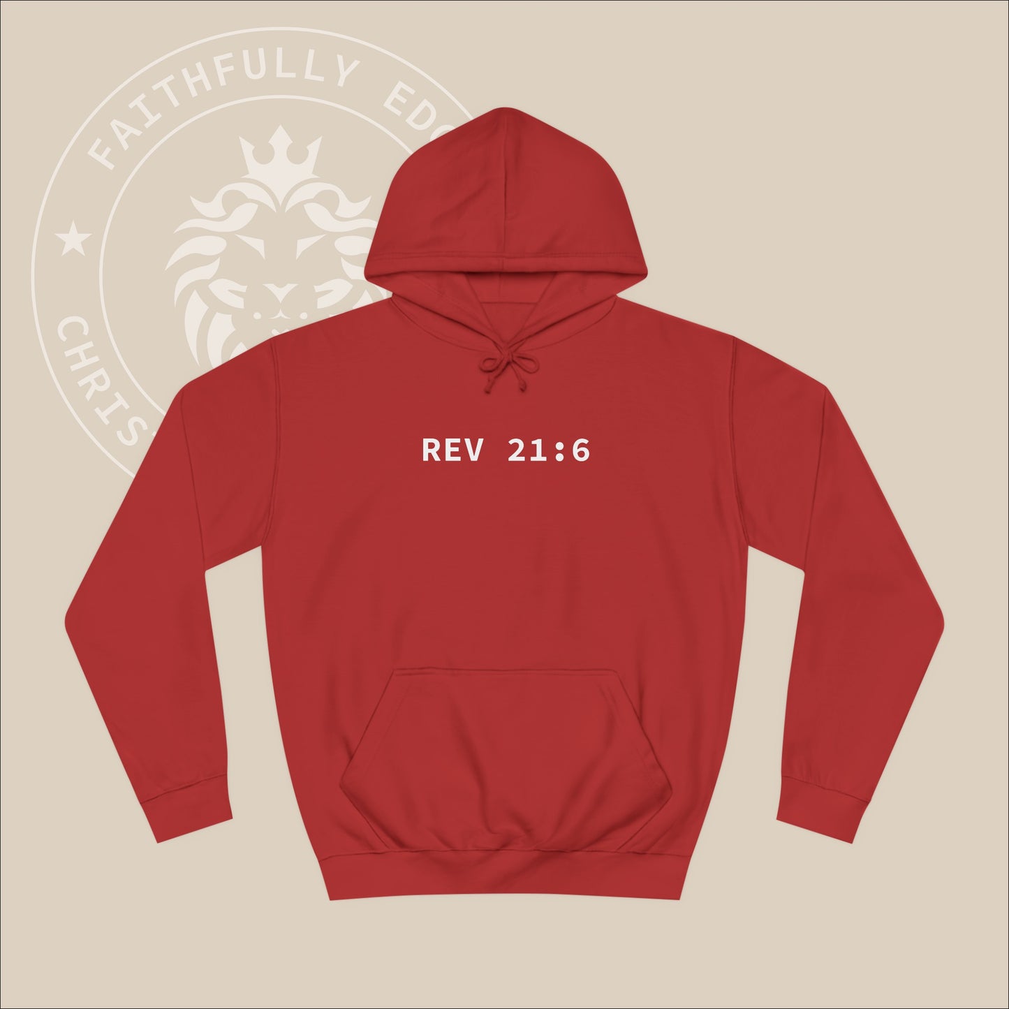 Red hoodie with white "Alpha Omega" back print with verse Rev 23:6 reference.