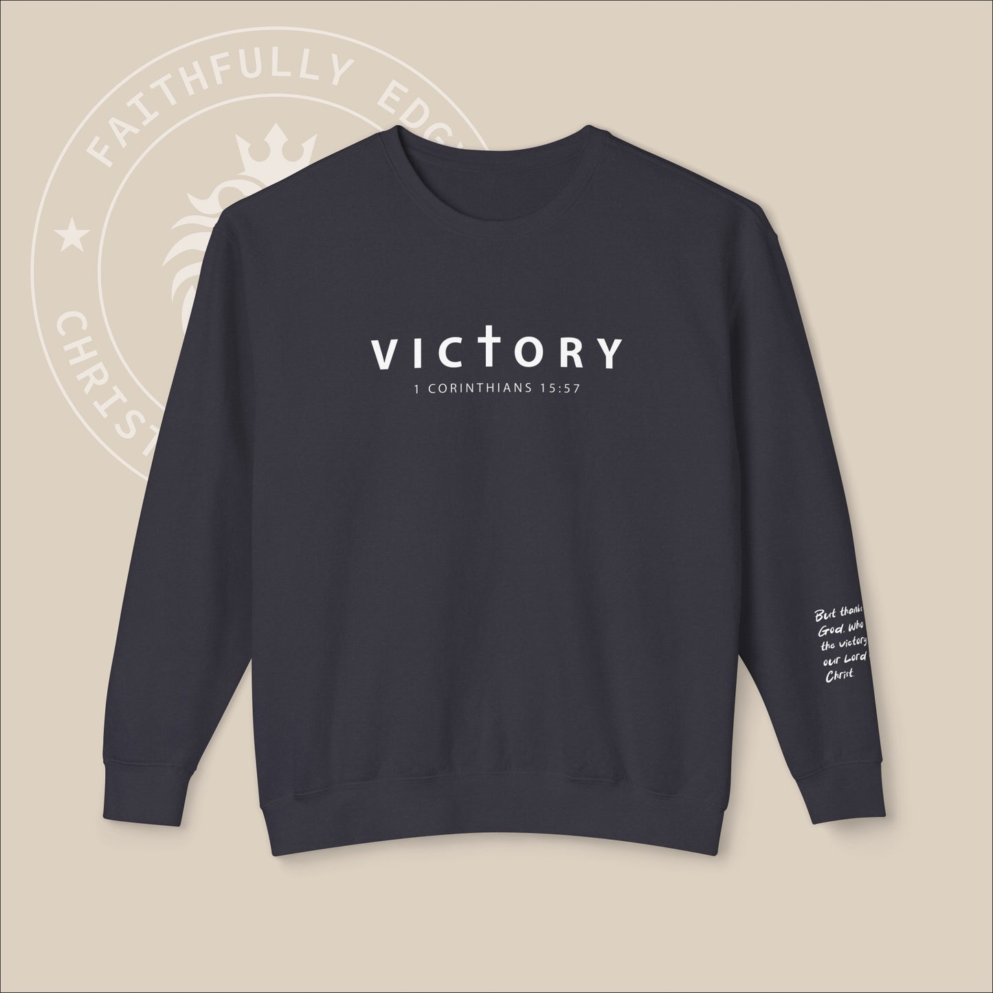 Unisex "Victory" sweatshirt with 1 Corinthians 15:57 Sleeve Print