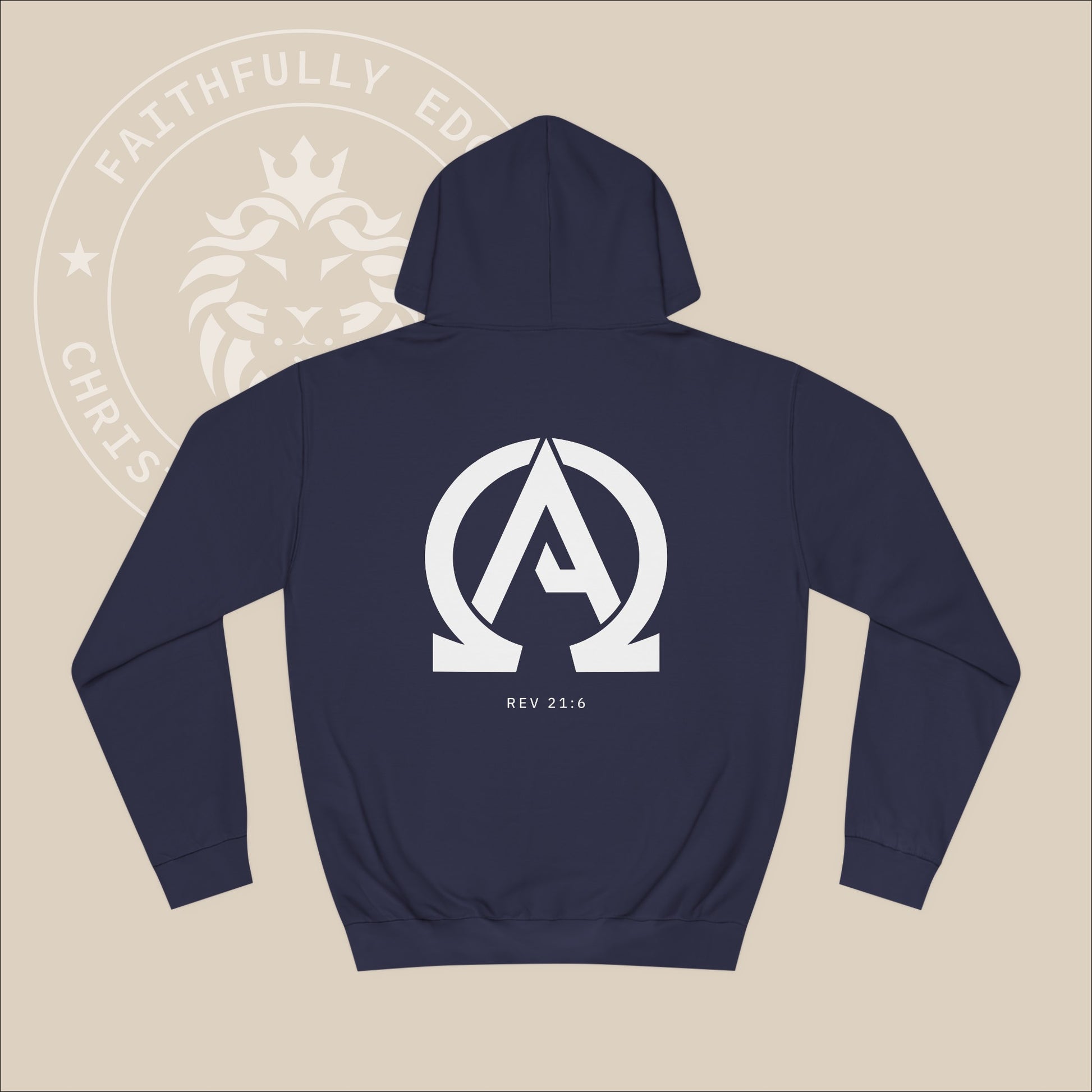 Navy hoodie with white "Alpha Omega" back print with verse Rev 23:6 reference.