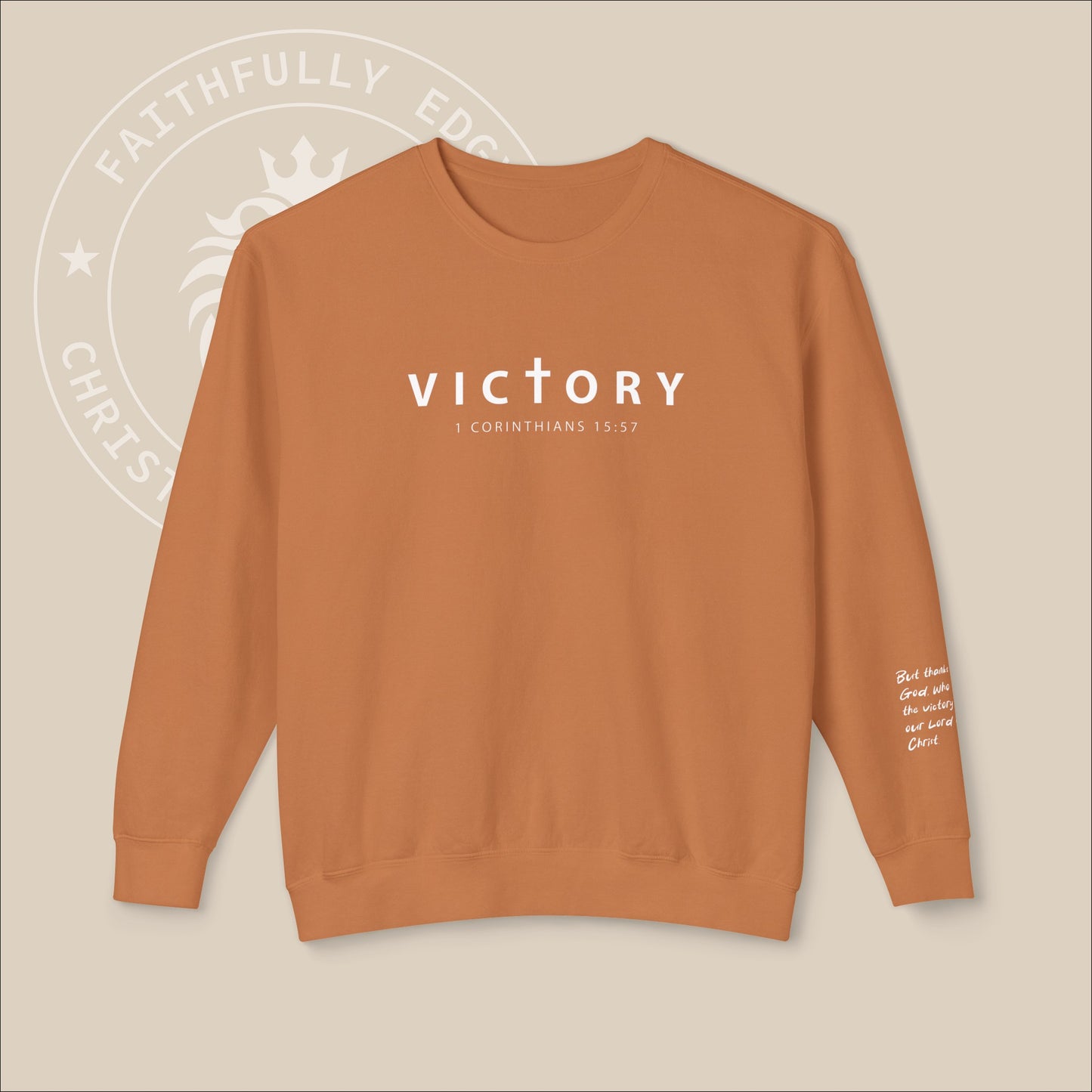 Unisex "Victory" sweatshirt with 1 Corinthians 15:57 Sleeve Print