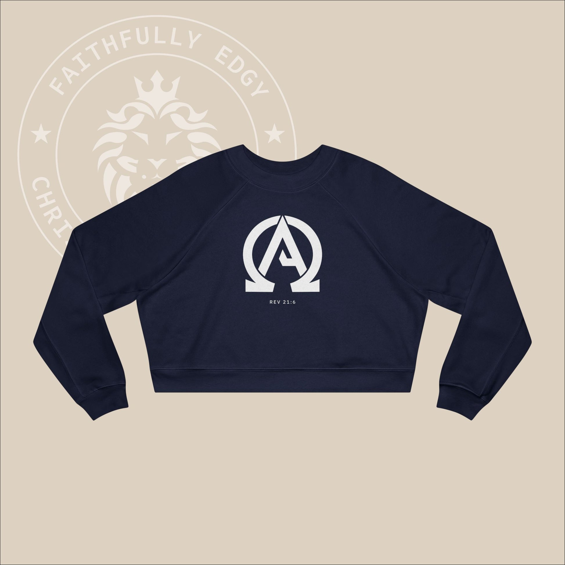 Women's "Alpha Omega" cropped sweatshirt with Rev. 21:6 print, where God calls Himself the "Alpha and Omega," meaning the beginning and the end.