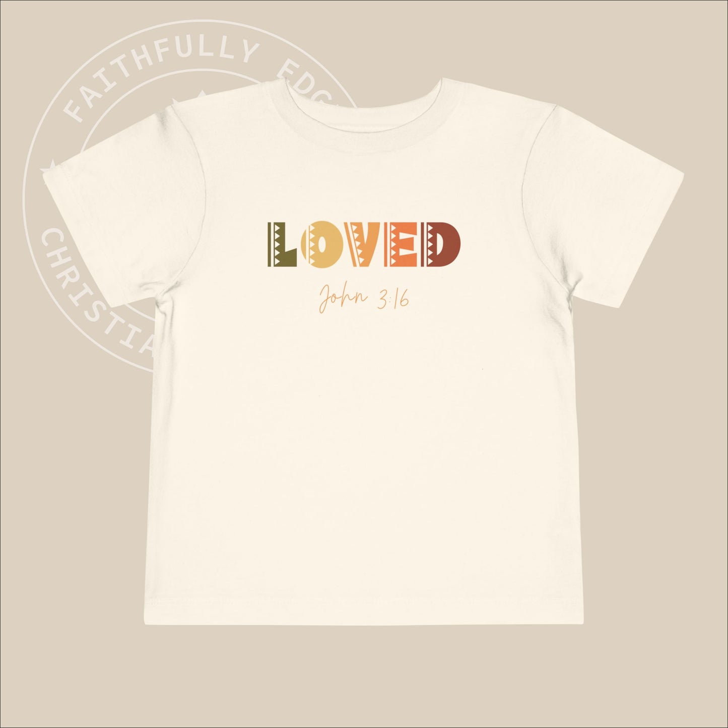 Toddler "Loved" Tee John 3:16 highlights God's love, shown through His sacrifice of Jesus Christ, granting eternal life to all who believe.