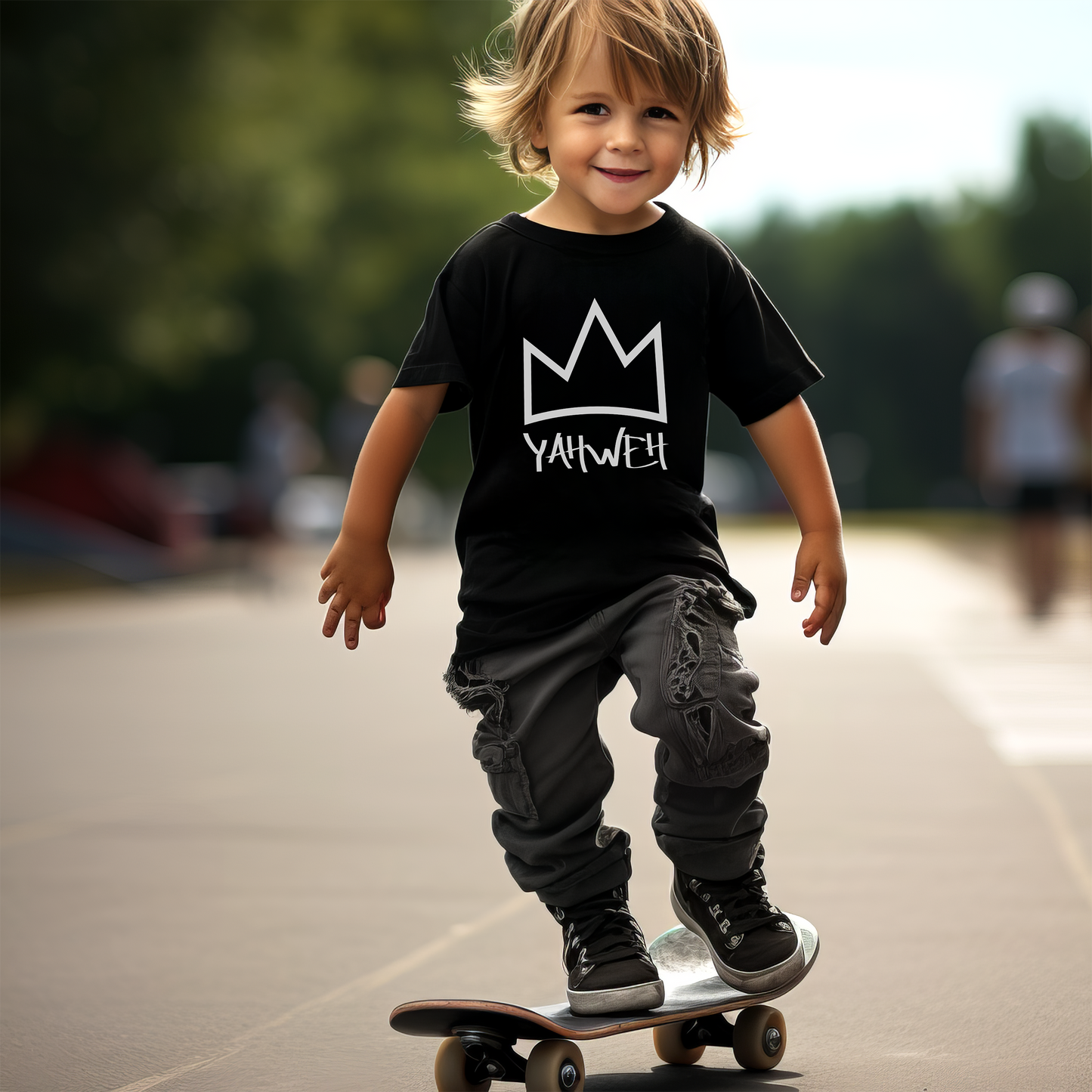 Black toddler tee with white "Yahweh" print.