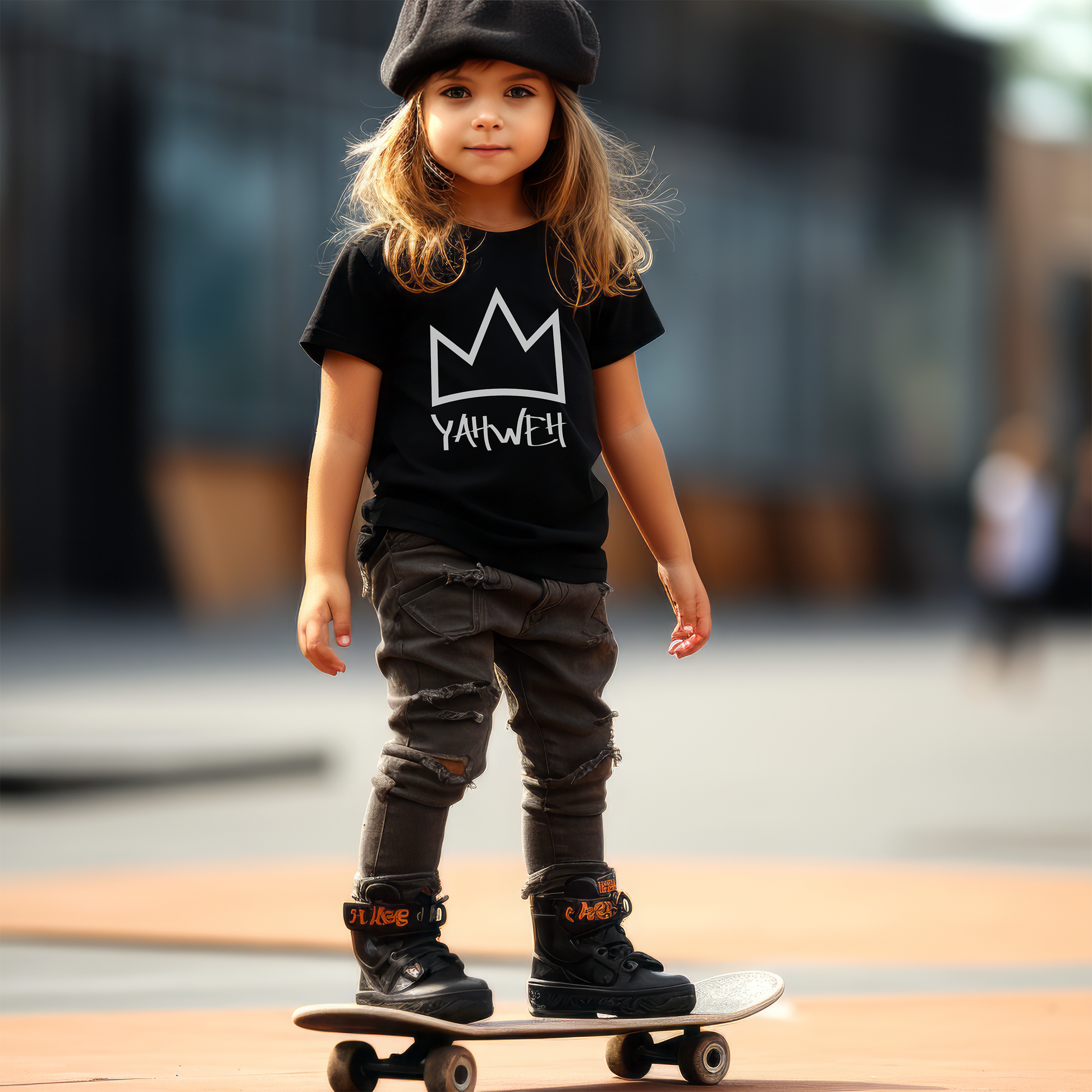 Black toddler tee with white "Yahweh" print.