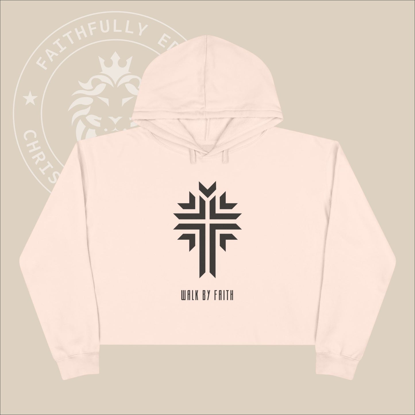 Faith-Inspired "Walk by Faith" Women's Crop Hoodie inspired by 2 Corinthians 5:7 with Cross