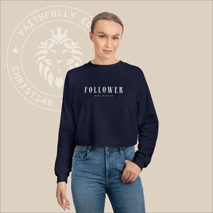 Women's Cropped Sweatshirt with Matt 16:24-26 print, Jesus emphasizes the importance of taking up our cross to follow him.