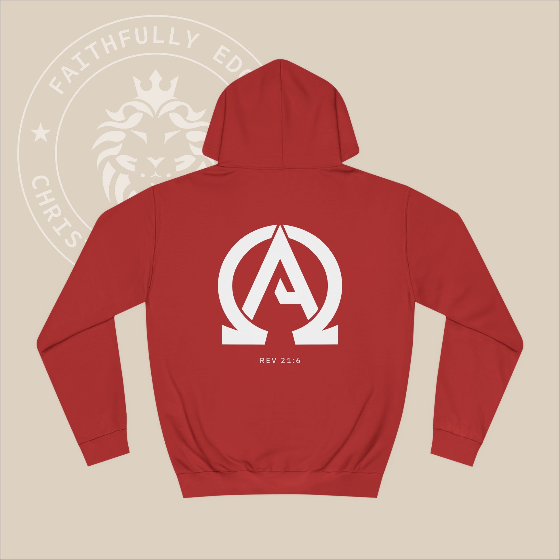 Red hoodie with white "Alpha Omega" back print with verse Rev 23:6 reference.