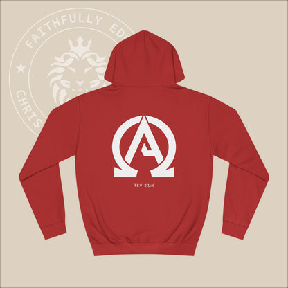 Red hoodie with white "Alpha Omega" back print with verse Rev 23:6 reference.