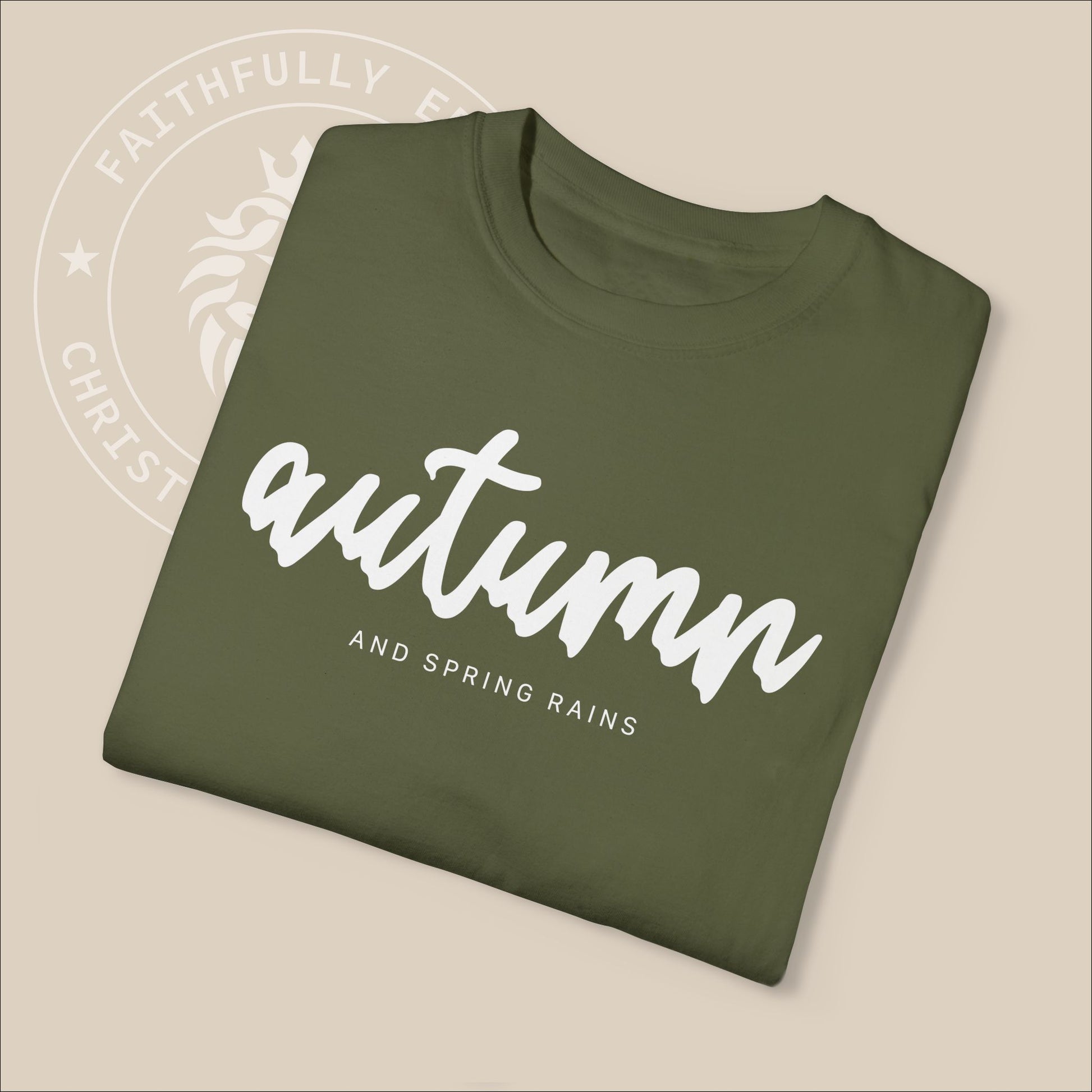 Christian 'Autumn and Spring Rains' Unisex T-shirt with James 5:7-8 Reference, Encouraging Patience & Faith in the Lord's Return.
