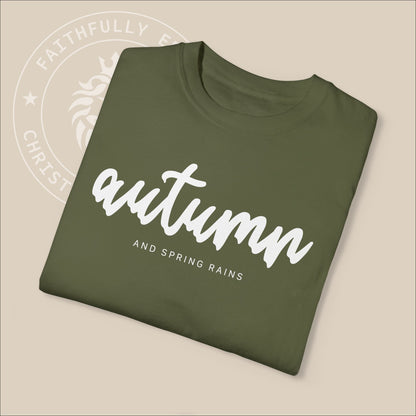 Christian 'Autumn and Spring Rains' Unisex T-shirt with James 5:7-8 Reference, Encouraging Patience & Faith in the Lord's Return.
