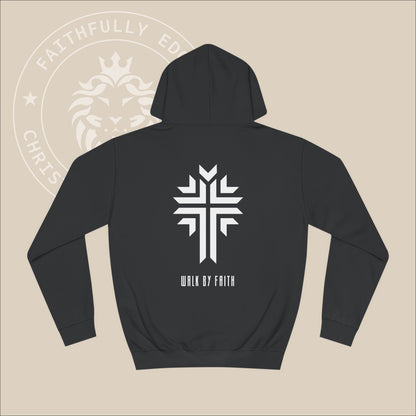 Christian "Walk by Faith" Unisex Hoodie with Cross Print - Inspired by 2 Corinthians 5:7 trusting in Jesus' triumph over sin and death