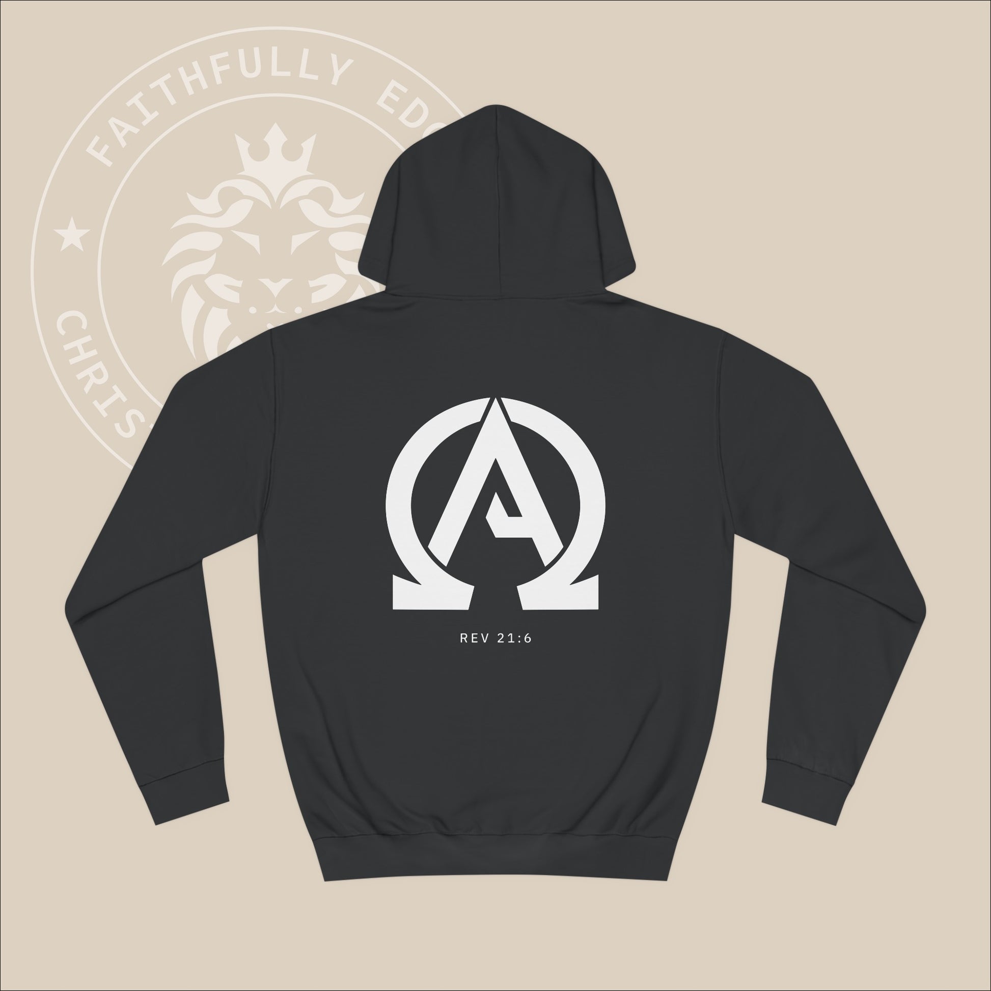 Black hoodie with white "Alpha Omega" back print with verse Rev 23:6 reference.