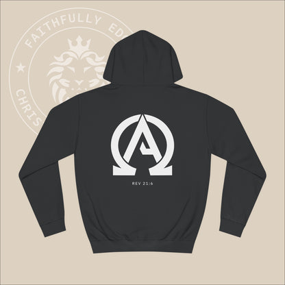 Black hoodie with white "Alpha Omega" back print with verse Rev 23:6 reference.