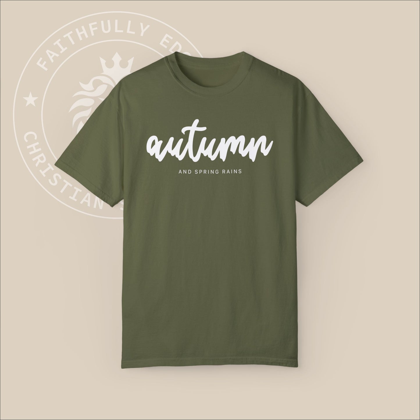 Christian 'Autumn and Spring Rains' Unisex T-shirt with James 5:7-8 Reference, Encouraging Patience & Faith in the Lord's Return.