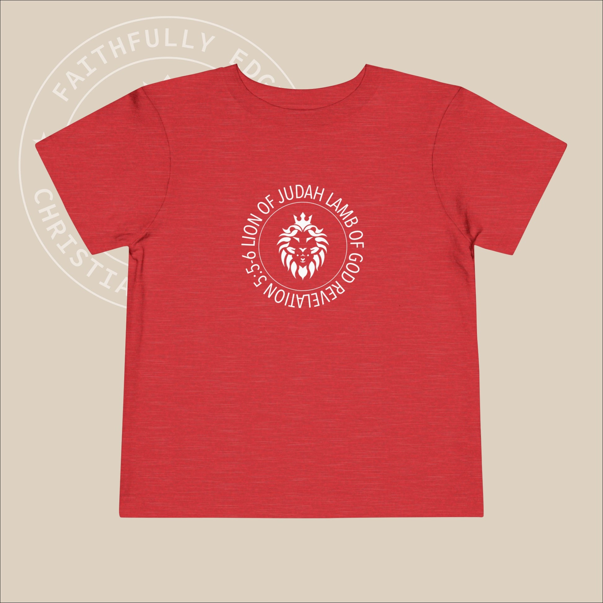 Heather red toddler tee with white "Lion of Judah Lamb of God" print.