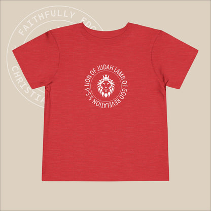 Heather red toddler tee with white "Lion of Judah Lamb of God" print.