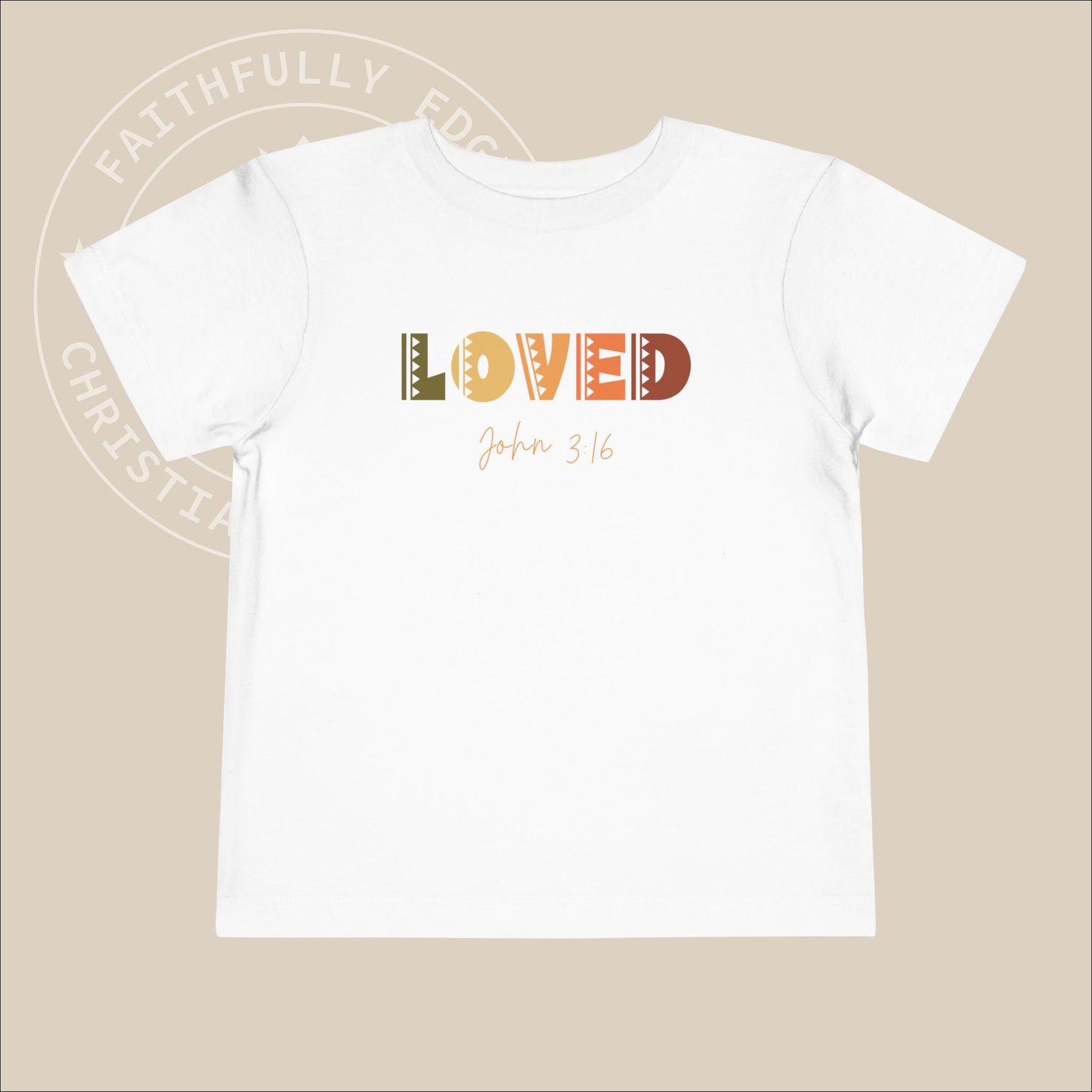 Toddler "Loved" Tee John 3:16 highlights God's love, shown through His sacrifice of Jesus Christ, granting eternal life to all who believe.