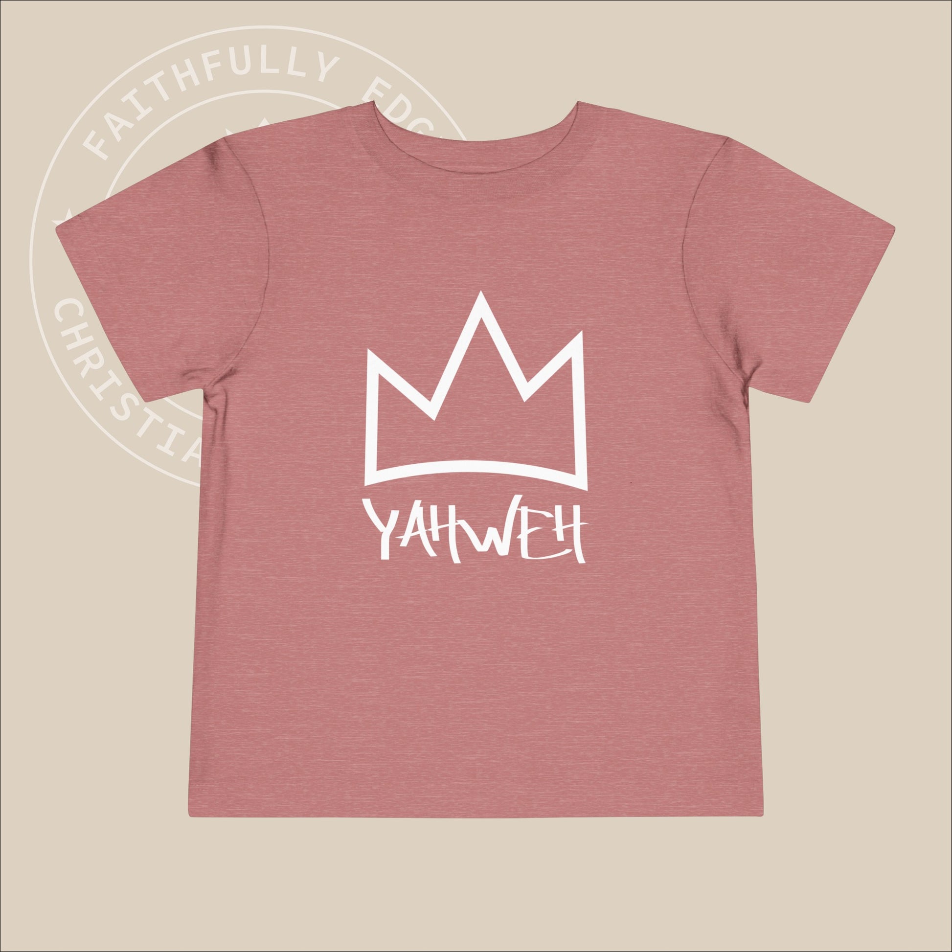 Pink toddler tee with white "Yahweh" print.