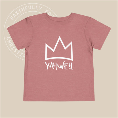 Pink toddler tee with white "Yahweh" print.