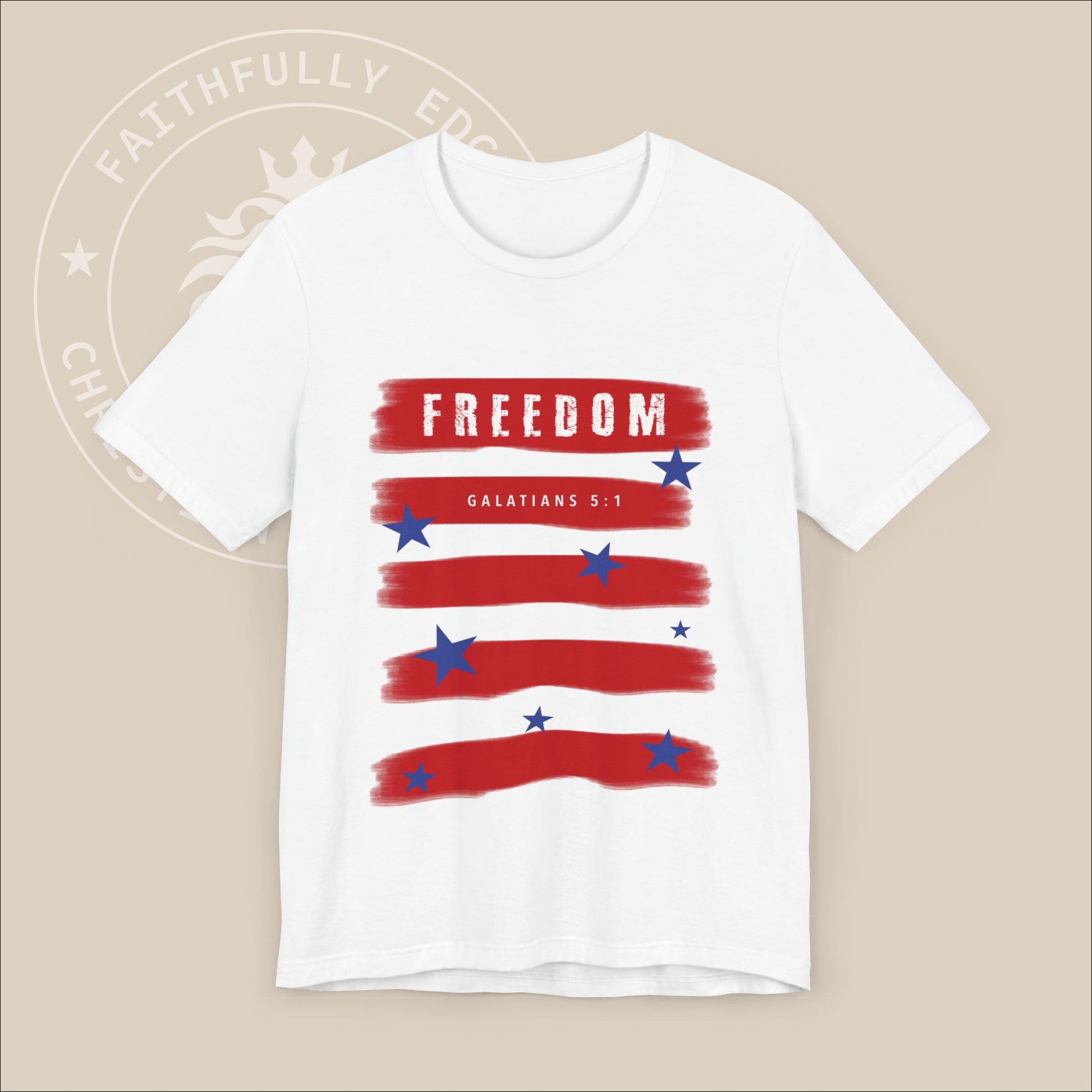 Unisex "Freedom" Tee with Galatians 5:1 Print, encouraging believers to stand firm in the freedom given by Christ.