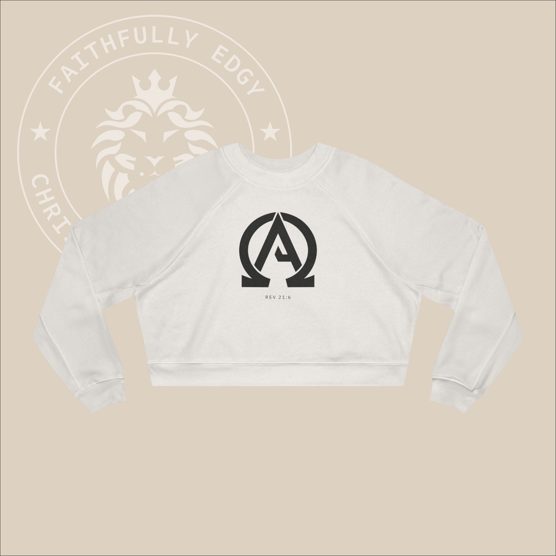 Women's "Alpha Omega" cropped sweatshirt with Rev. 21:6 print, where God calls Himself the "Alpha and Omega," meaning the beginning and the end.