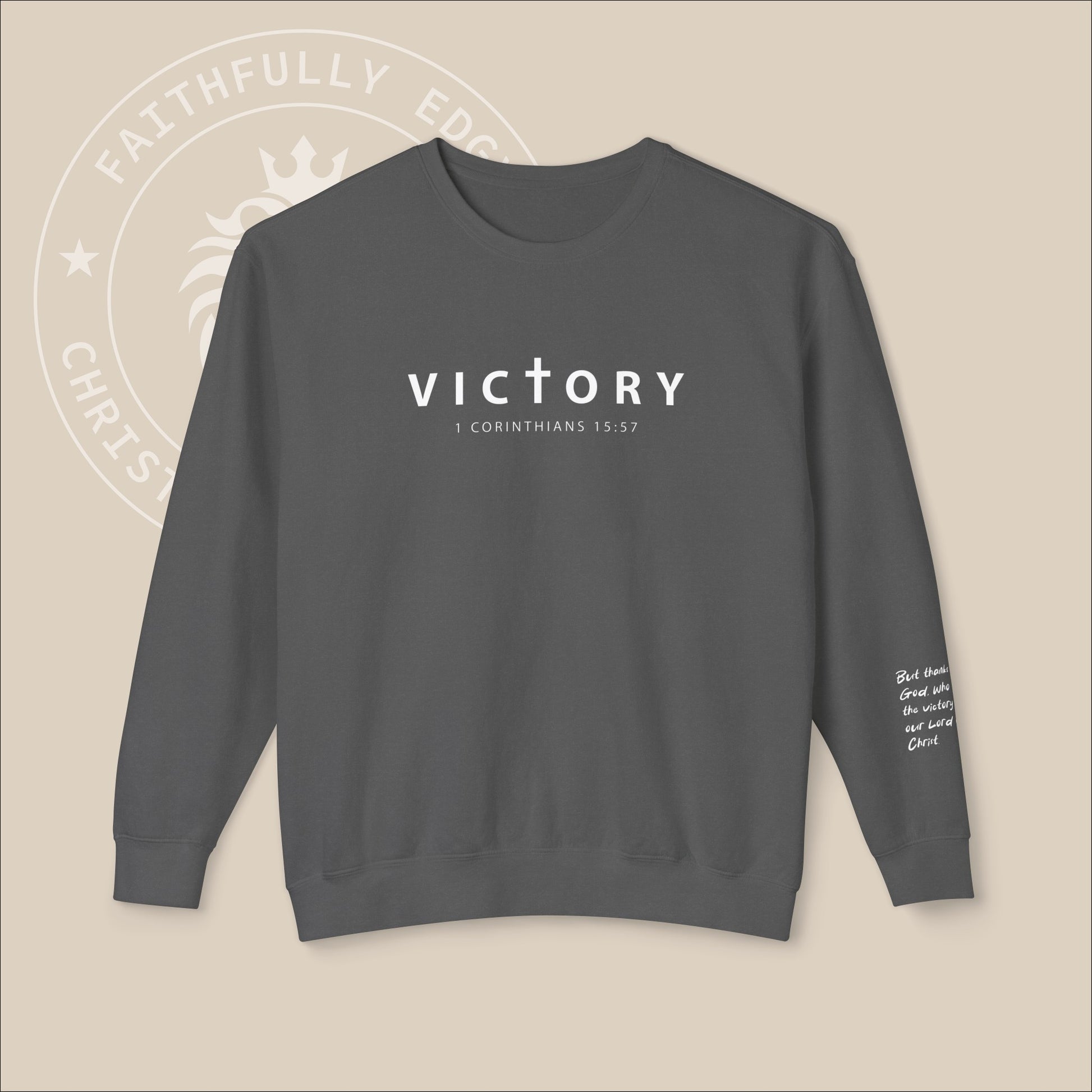 Unisex "Victory" sweatshirt with 1 Corinthians 15:57 Sleeve Print