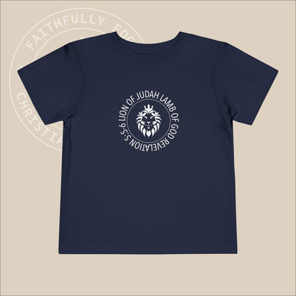 Navy toddler tee with white "Lion of Judah Lamb of God" print.