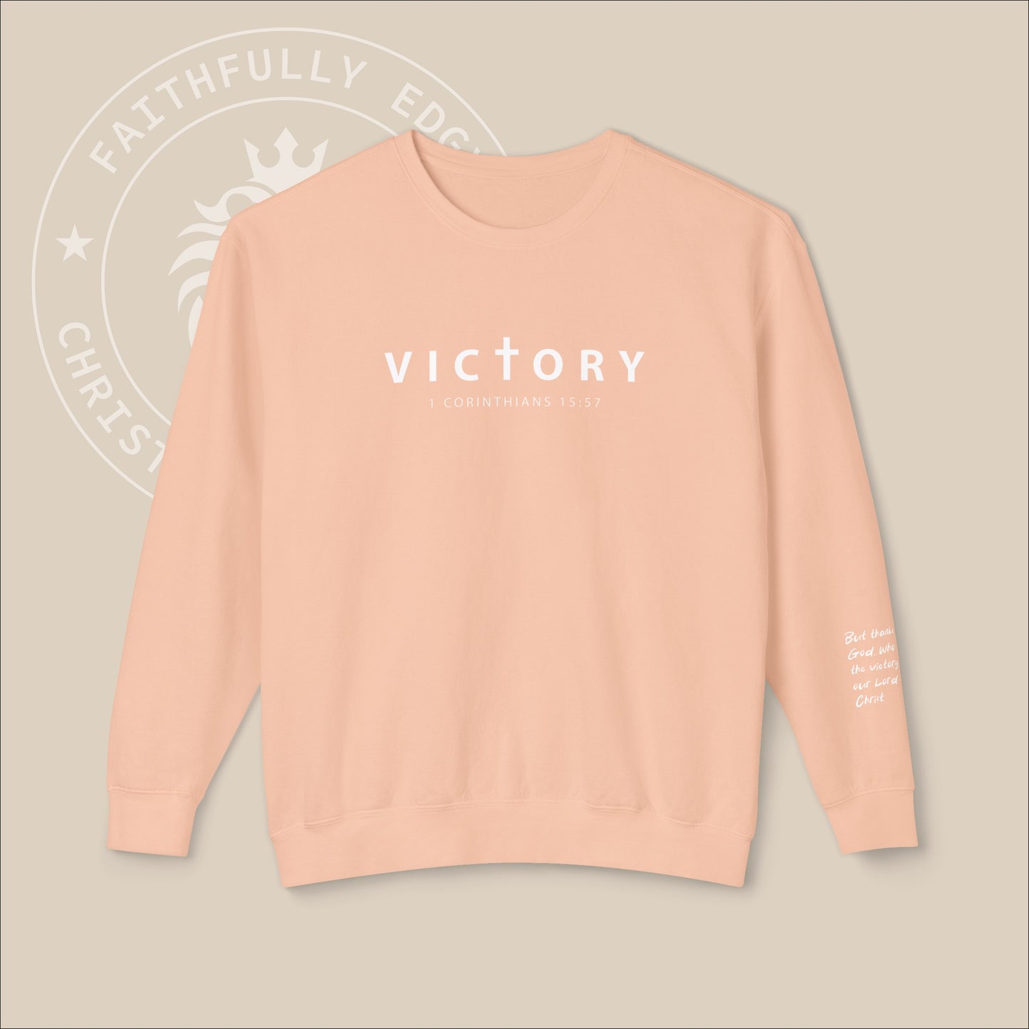 Unisex "Victory" sweatshirt with 1 Corinthians 15:57 Sleeve Print