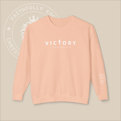 Unisex "Victory" sweatshirt with 1 Corinthians 15:57 Sleeve Print