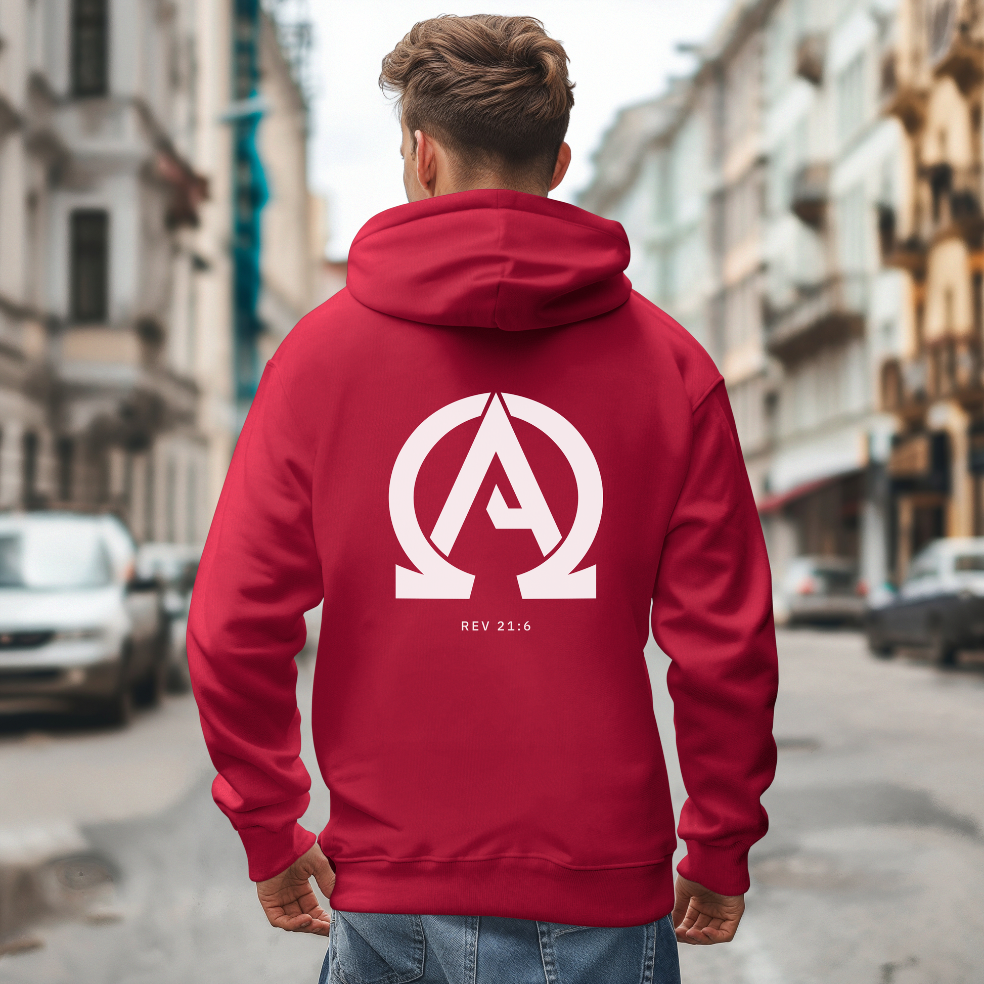 Red hoodie with white "Alpha Omega" back print with verse Rev 23:6 reference.