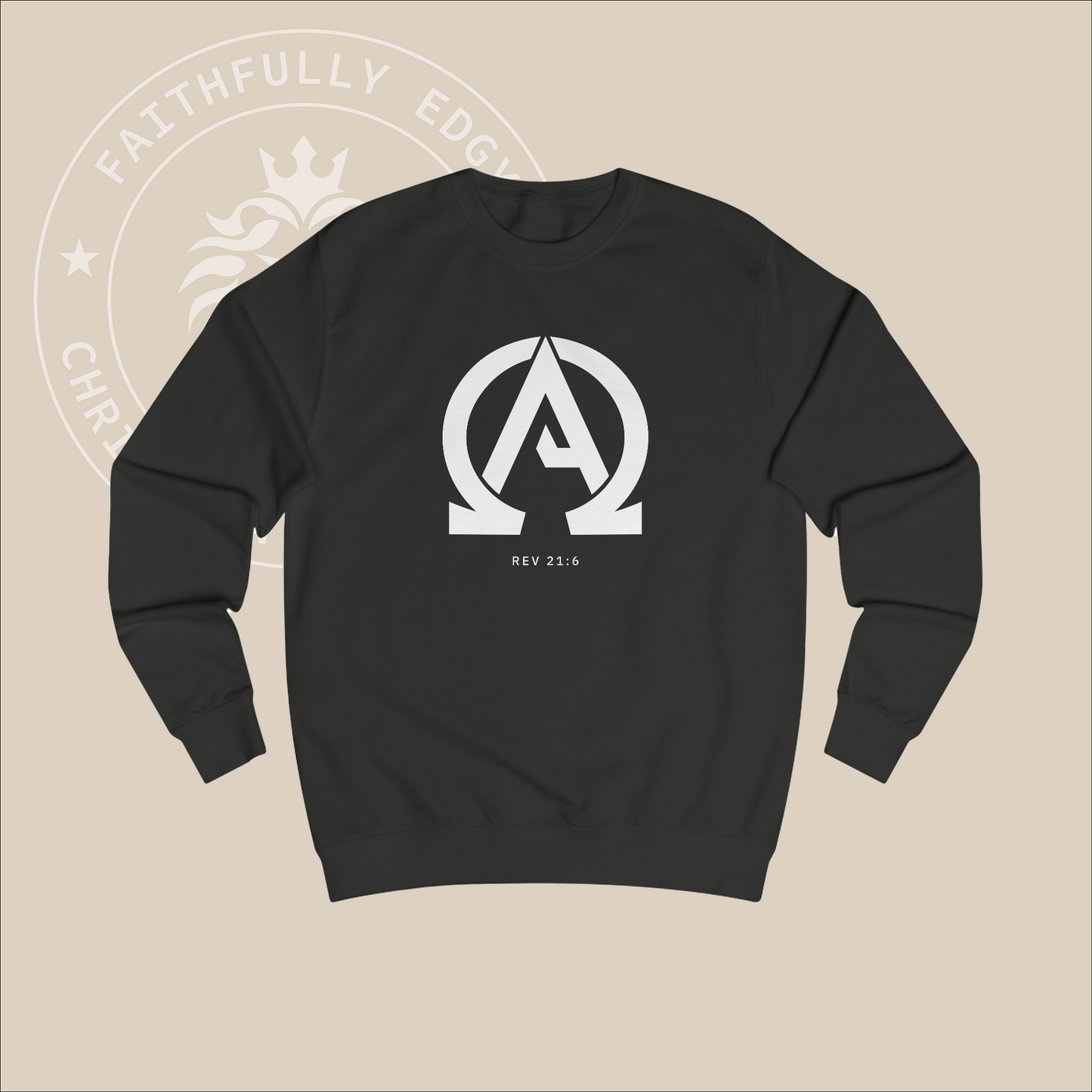 Black crewneck sweater with white "Alpha Omega" print with verse Rev 23:6 reference.