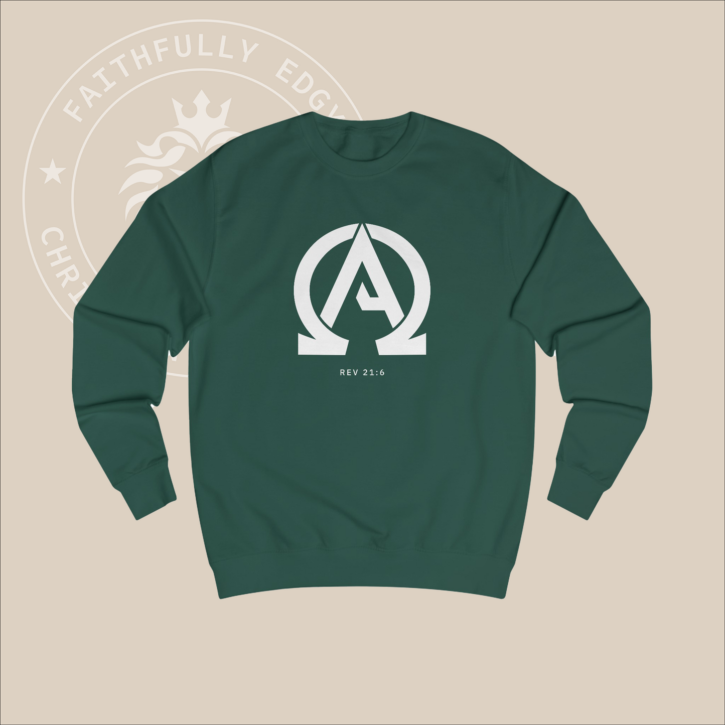 Green crewneck sweater with white "Alpha Omega" print with verse Rev 23:6 reference.