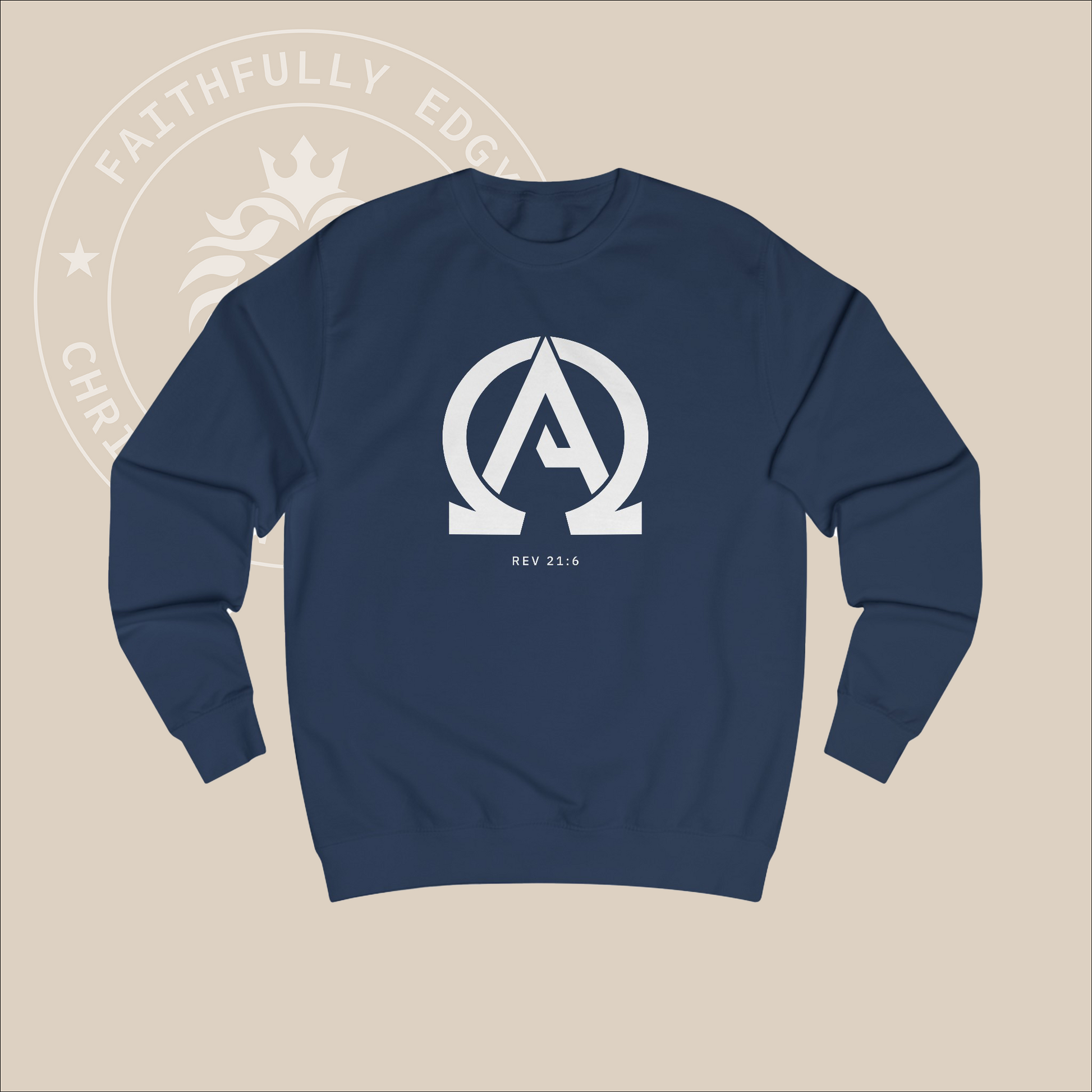 Navy crewneck sweater with white "Alpha Omega" print with verse Rev 23:6 reference.