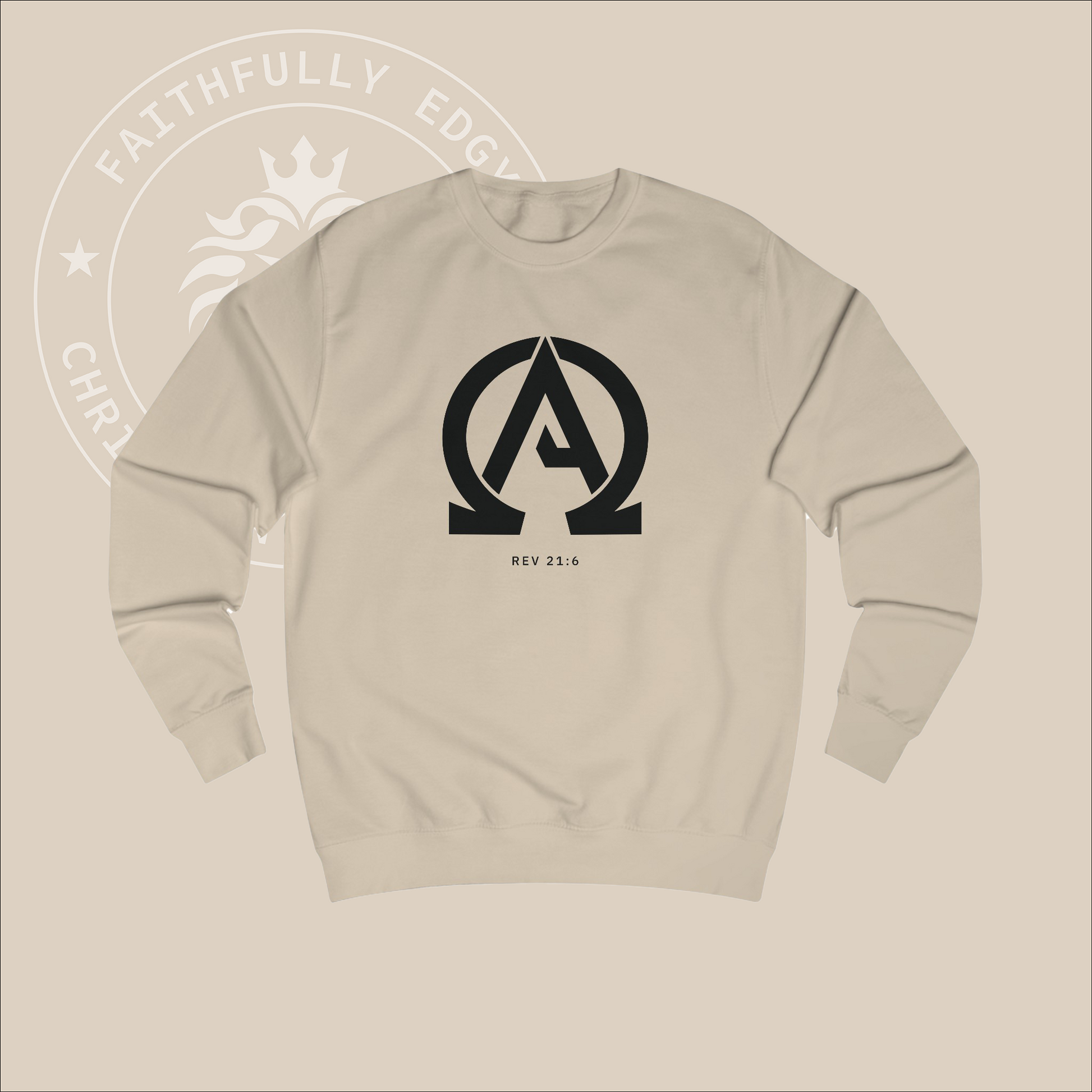 Nude crewneck sweater with black "Alpha Omega" print with verse Rev 23:6 reference.